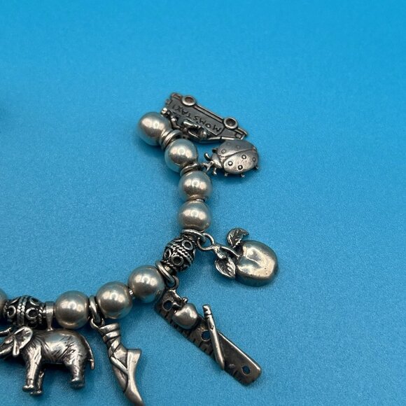 Sterling Silver 925 Charm Bracelet Cuff Beaded Ballerina Ruler Apple Elephant - Picture 10 of 11